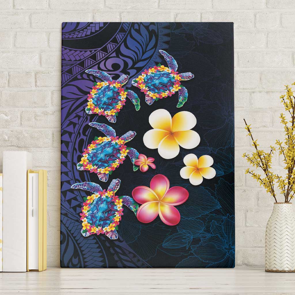 Hawaiian Turtles and Plumeria Canvas Wall Art Polynesian Art Tribal Tattoo Dark Aqua Color LT03 Without Frame Blue - Polynesian Pride