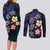 Hawaiian Turtles and Plumeria Couples Matching Long Sleeve Bodycon Dress and Long Sleeve Button Shirt Polynesian Art Tribal Tattoo Dark Aqua Color