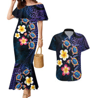 Hawaiian Turtles and Plumeria Couples Matching Mermaid Dress and Hawaiian Shirt Polynesian Art Tribal Tattoo Dark Aqua Color
