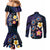 Hawaiian Turtles and Plumeria Couples Matching Mermaid Dress and Long Sleeve Button Shirt Polynesian Art Tribal Tattoo Dark Aqua Color