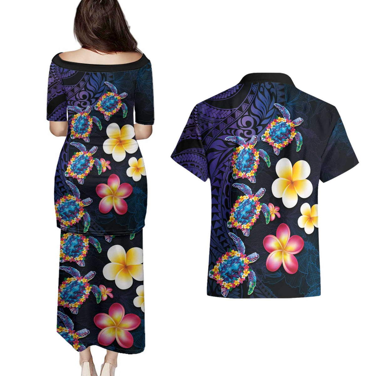 Hawaiian Turtles and Plumeria Couples Matching Puletasi and Hawaiian Shirt Polynesian Art Tribal Tattoo Dark Aqua Color