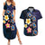 Hawaiian Turtles and Plumeria Couples Matching Summer Maxi Dress and Hawaiian Shirt Polynesian Art Tribal Tattoo Dark Aqua Color