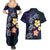 Hawaiian Turtles and Plumeria Couples Matching Summer Maxi Dress and Hawaiian Shirt Polynesian Art Tribal Tattoo Dark Aqua Color