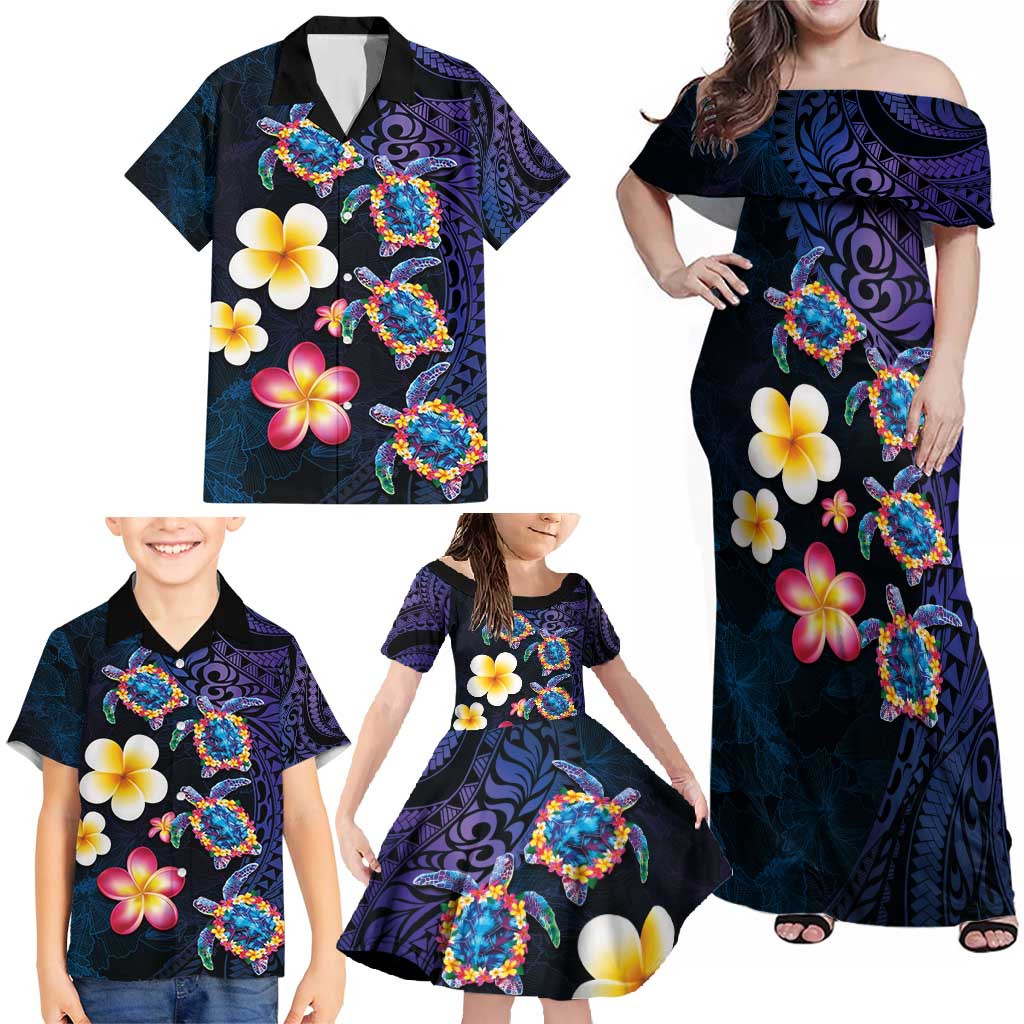 Hawaiian Turtles and Plumeria Family Matching Off Shoulder Maxi Dress and Hawaiian Shirt Polynesian Art Tribal Tattoo Dark Aqua Color