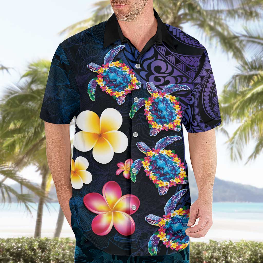 Hawaiian Turtles and Plumeria Hawaiian Shirt Polynesian Art Tribal Tattoo Dark Aqua Color