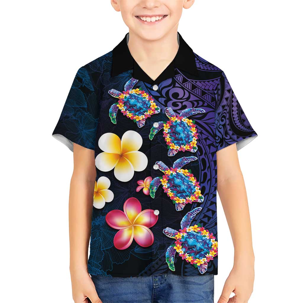 Hawaiian Turtles and Plumeria Kid Hawaiian Shirt Polynesian Art Tribal Tattoo Dark Aqua Color