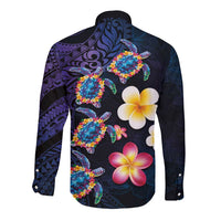 Hawaiian Turtles and Plumeria Long Sleeve Button Shirt Polynesian Art Tribal Tattoo Dark Aqua Color