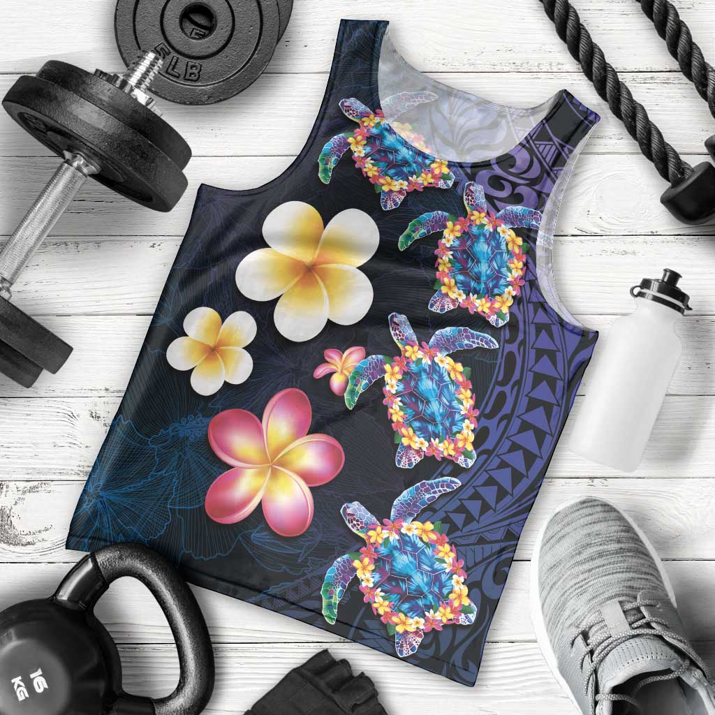Hawaiian Turtles and Plumeria Men Tank Top Polynesian Art Tribal Tattoo Dark Aqua Color
