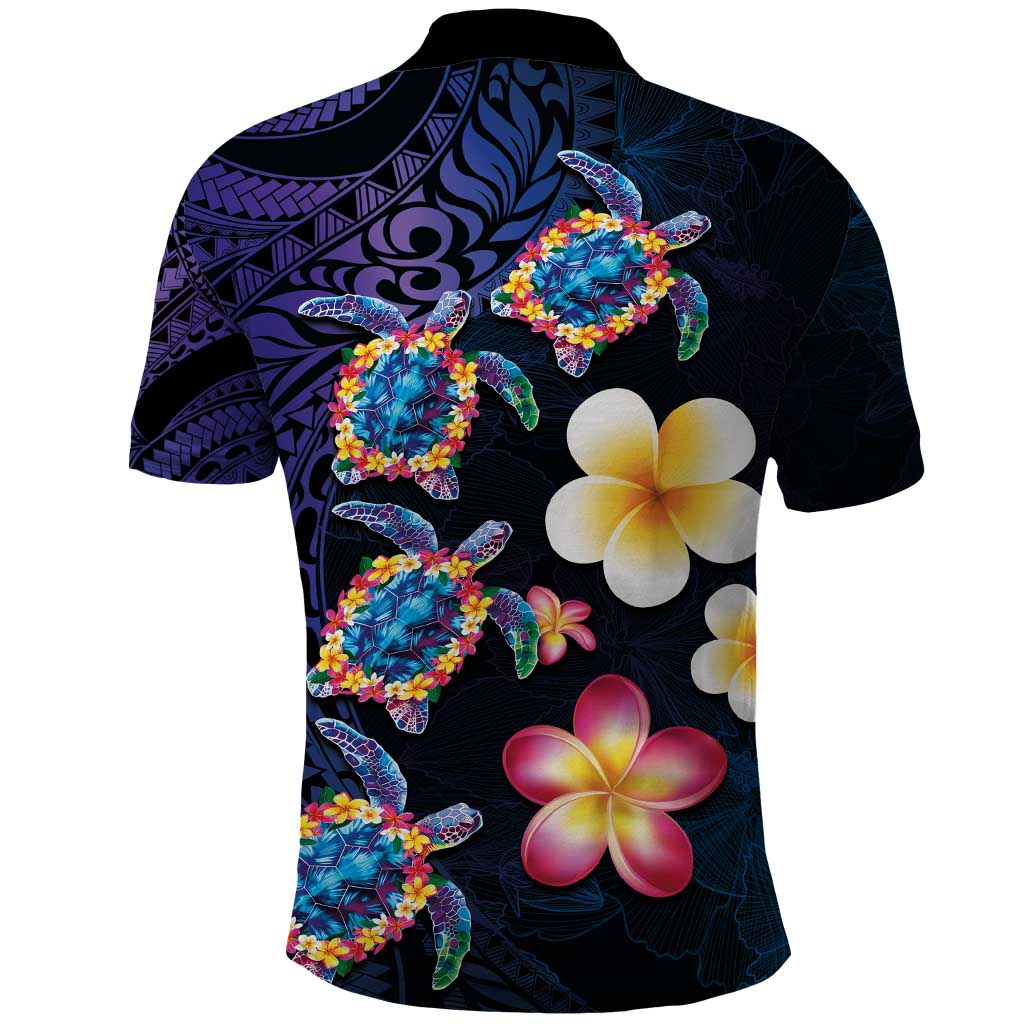 Hawaiian Turtles and Plumeria Polo Shirt Polynesian Art Tribal Tattoo Dark Aqua Color