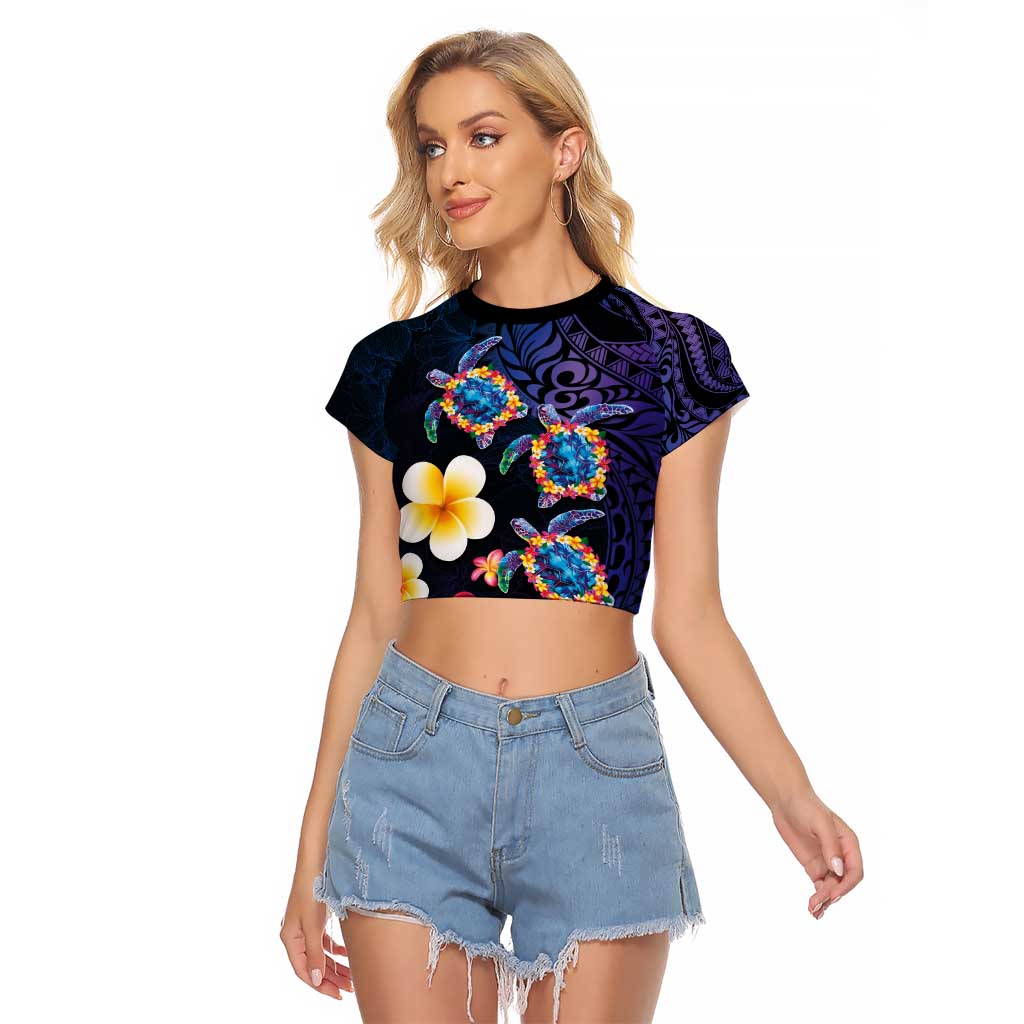 Hawaiian Turtles and Plumeria Raglan Cropped T Shirt Polynesian Art Tribal Tattoo Dark Aqua Color LT03 Female Blue - Polynesian Pride