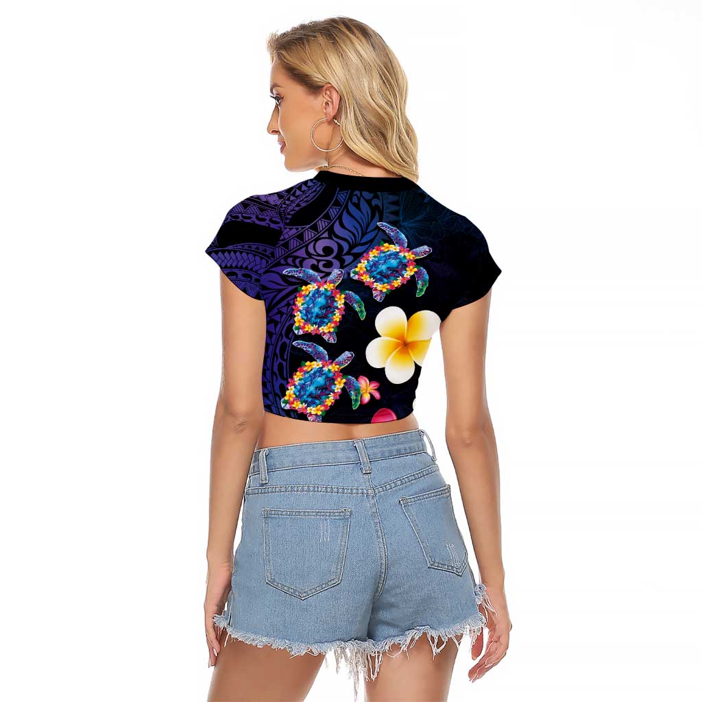 Hawaiian Turtles and Plumeria Raglan Cropped T Shirt Polynesian Art Tribal Tattoo Dark Aqua Color