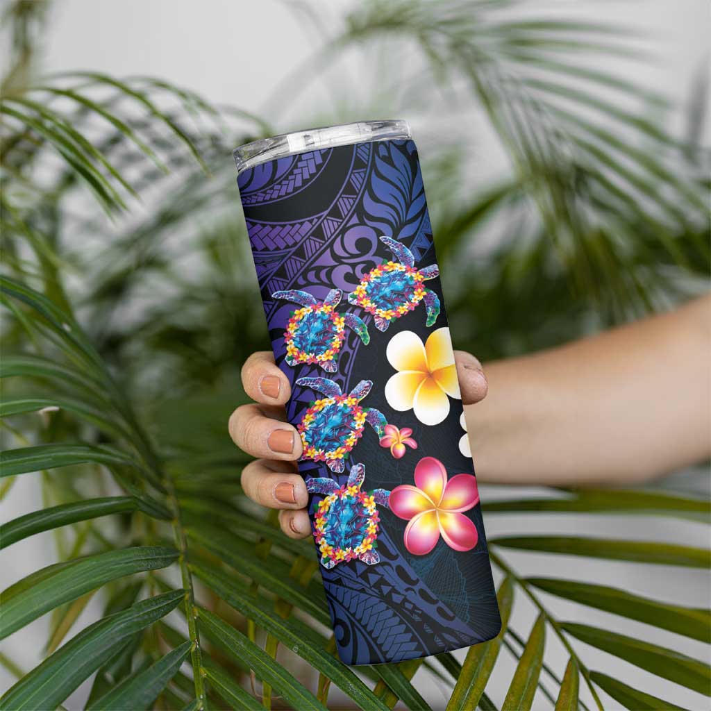 Hawaiian Turtles and Plumeria Skinny Tumbler Polynesian Art Tribal Tattoo Dark Aqua Color