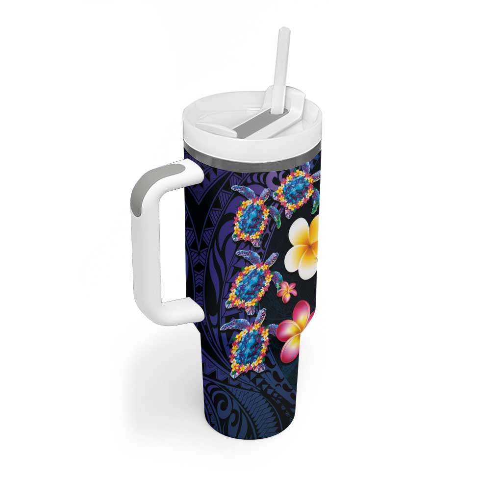 Hawaiian Turtles and Plumeria Tumbler With Handle Polynesian Art Tribal Tattoo Dark Aqua Color