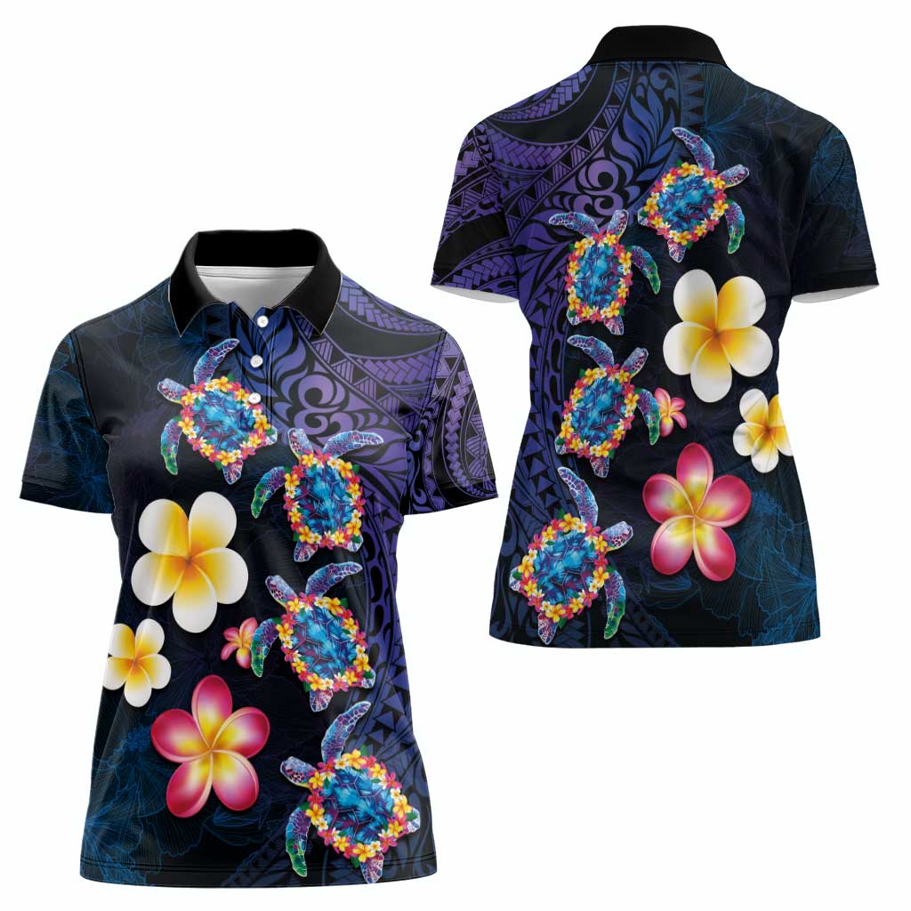 Hawaiian Turtles and Plumeria Women Polo Shirt Polynesian Art Tribal Tattoo Dark Aqua Color