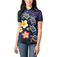 Hawaiian Turtles and Plumeria Women Polo Shirt Polynesian Art Tribal Tattoo Dark Aqua Color