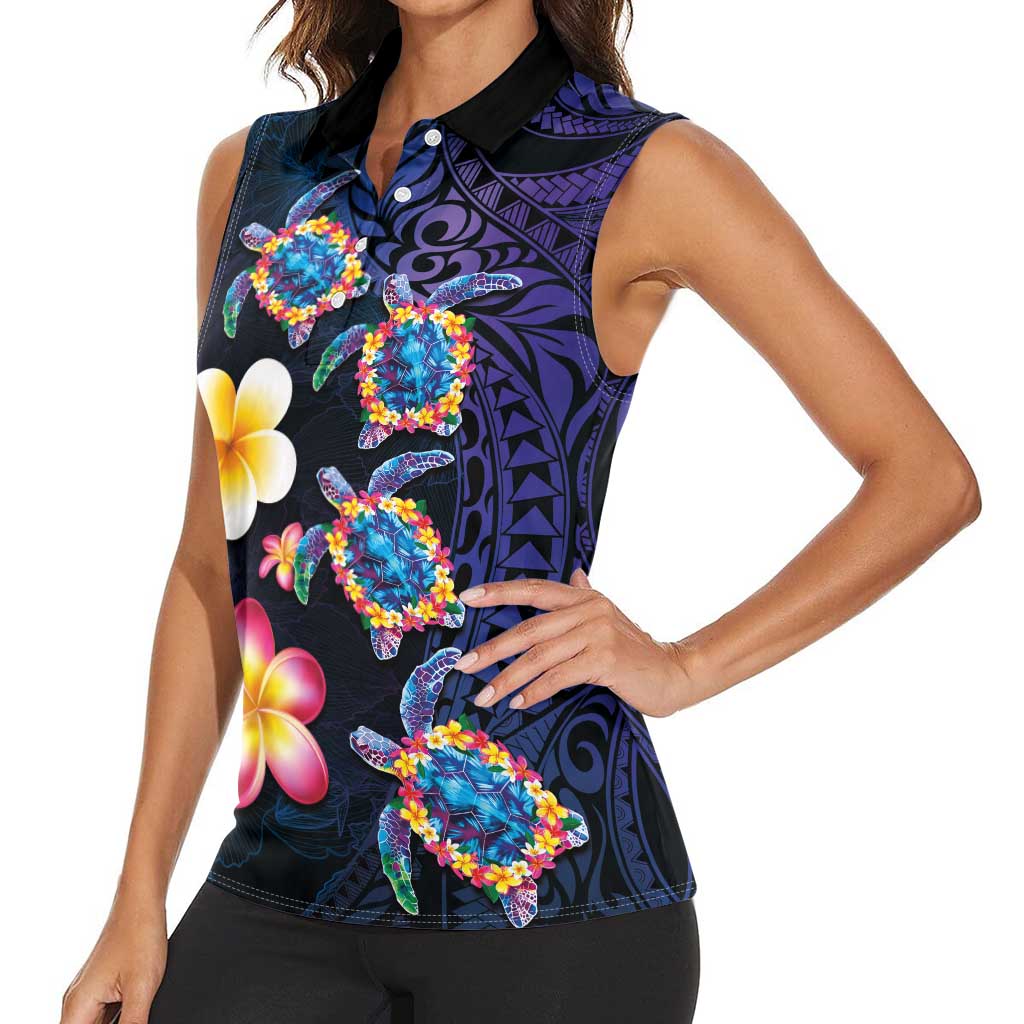 Hawaiian Turtles and Plumeria Women Sleeveless Polo Shirt Polynesian Art Tribal Tattoo Dark Aqua Color