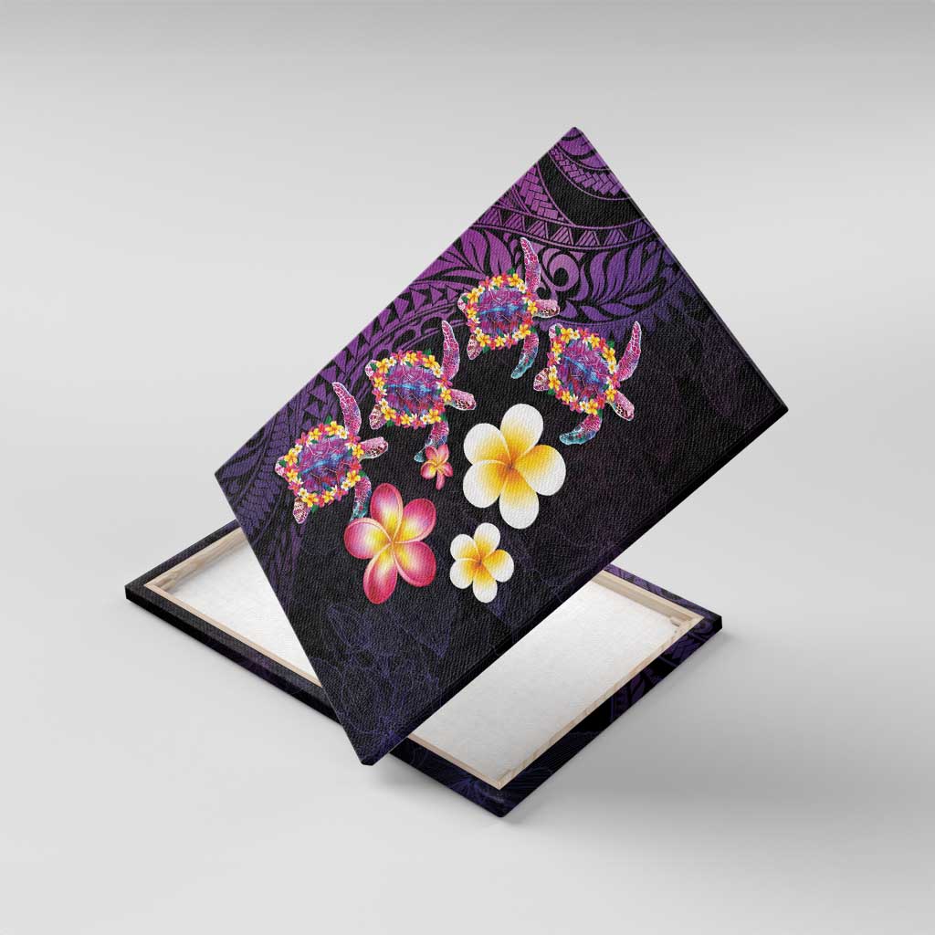 Hawaiian Turtles and Plumeria Canvas Wall Art Polynesian Art Tribal Tattoo Deep Violet Color LT03 With Frame Purple - Polynesian Pride