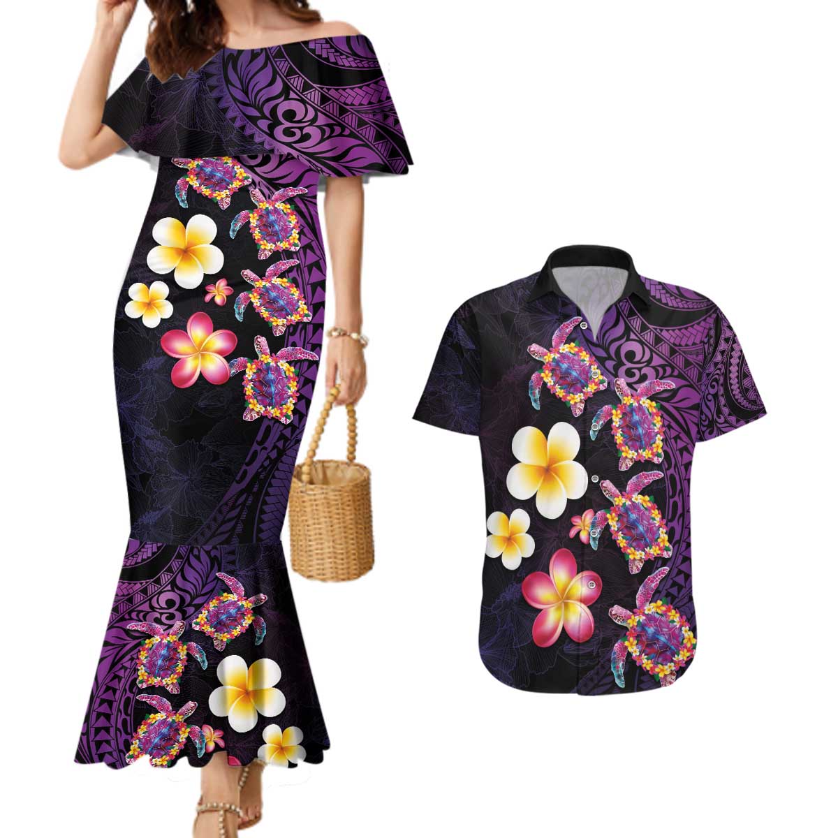 Hawaiian Turtles and Plumeria Couples Matching Mermaid Dress and Hawaiian Shirt Polynesian Art Tribal Tattoo Deep Violet Color
