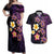 Hawaiian Turtles and Plumeria Couples Matching Off Shoulder Maxi Dress and Hawaiian Shirt Polynesian Art Tribal Tattoo Deep Violet Color