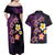 Hawaiian Turtles and Plumeria Couples Matching Off Shoulder Maxi Dress and Hawaiian Shirt Polynesian Art Tribal Tattoo Deep Violet Color