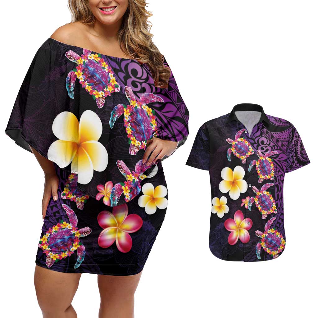 Hawaiian Turtles and Plumeria Couples Matching Off Shoulder Short Dress and Hawaiian Shirt Polynesian Art Tribal Tattoo Deep Violet Color