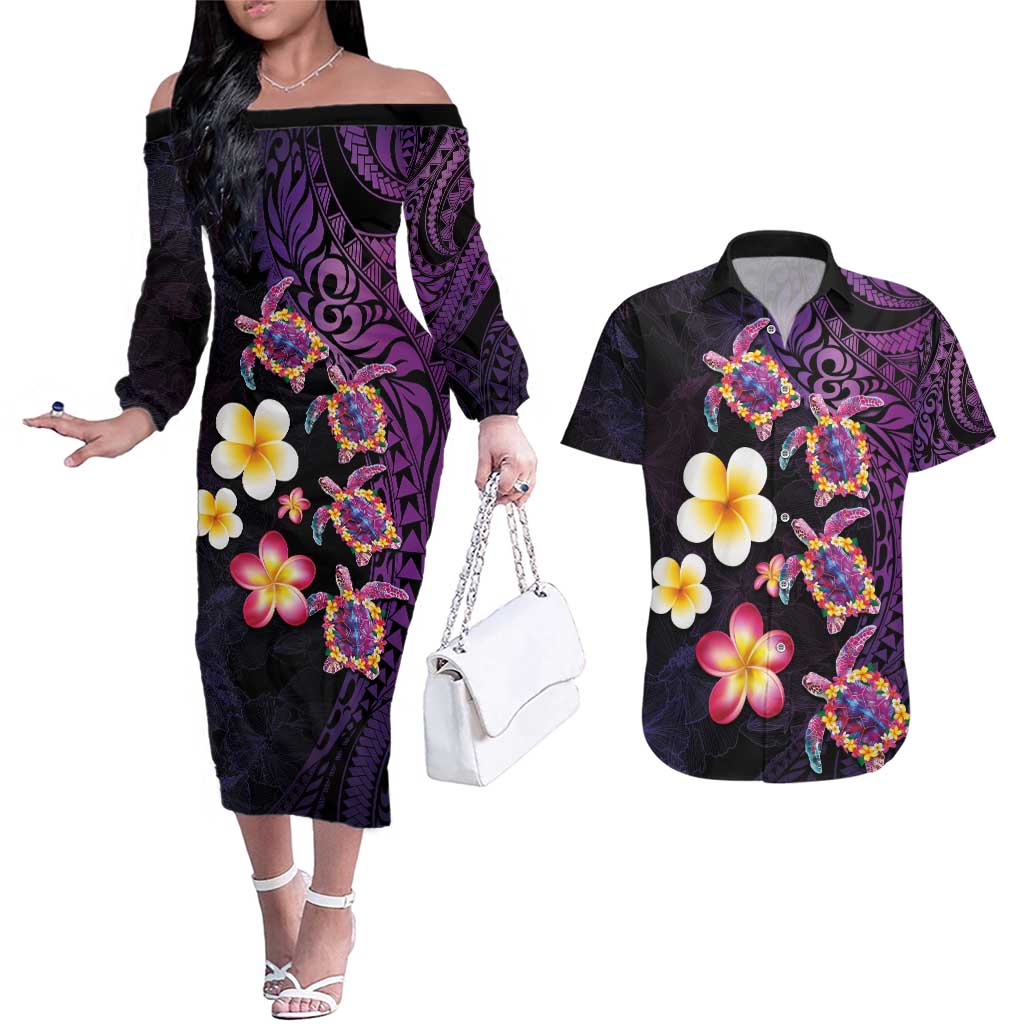 Hawaiian Turtles and Plumeria Couples Matching Off The Shoulder Long Sleeve Dress and Hawaiian Shirt Polynesian Art Tribal Tattoo Deep Violet Color