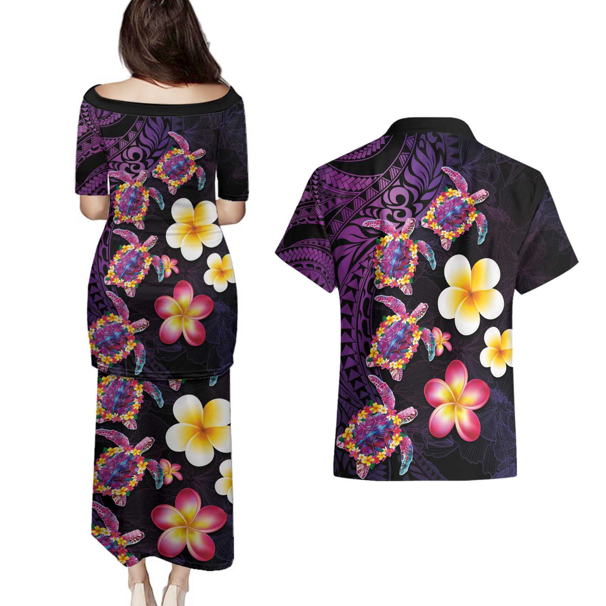 Hawaiian Turtles and Plumeria Couples Matching Puletasi and Hawaiian Shirt Polynesian Art Tribal Tattoo Deep Violet Color