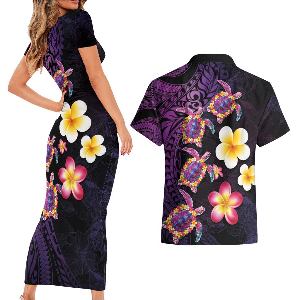 Hawaiian Turtles and Plumeria Couples Matching Short Sleeve Bodycon Dress and Hawaiian Shirt Polynesian Art Tribal Tattoo Deep Violet Color