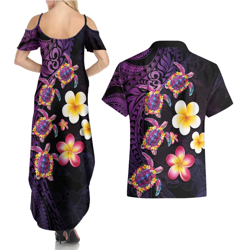Hawaiian Turtles and Plumeria Couples Matching Summer Maxi Dress and Hawaiian Shirt Polynesian Art Tribal Tattoo Deep Violet Color