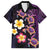 Hawaiian Turtles and Plumeria Family Matching Long Sleeve Bodycon Dress and Hawaiian Shirt Polynesian Art Tribal Tattoo Deep Violet Color