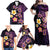 Hawaiian Turtles and Plumeria Family Matching Off Shoulder Maxi Dress and Hawaiian Shirt Polynesian Art Tribal Tattoo Deep Violet Color