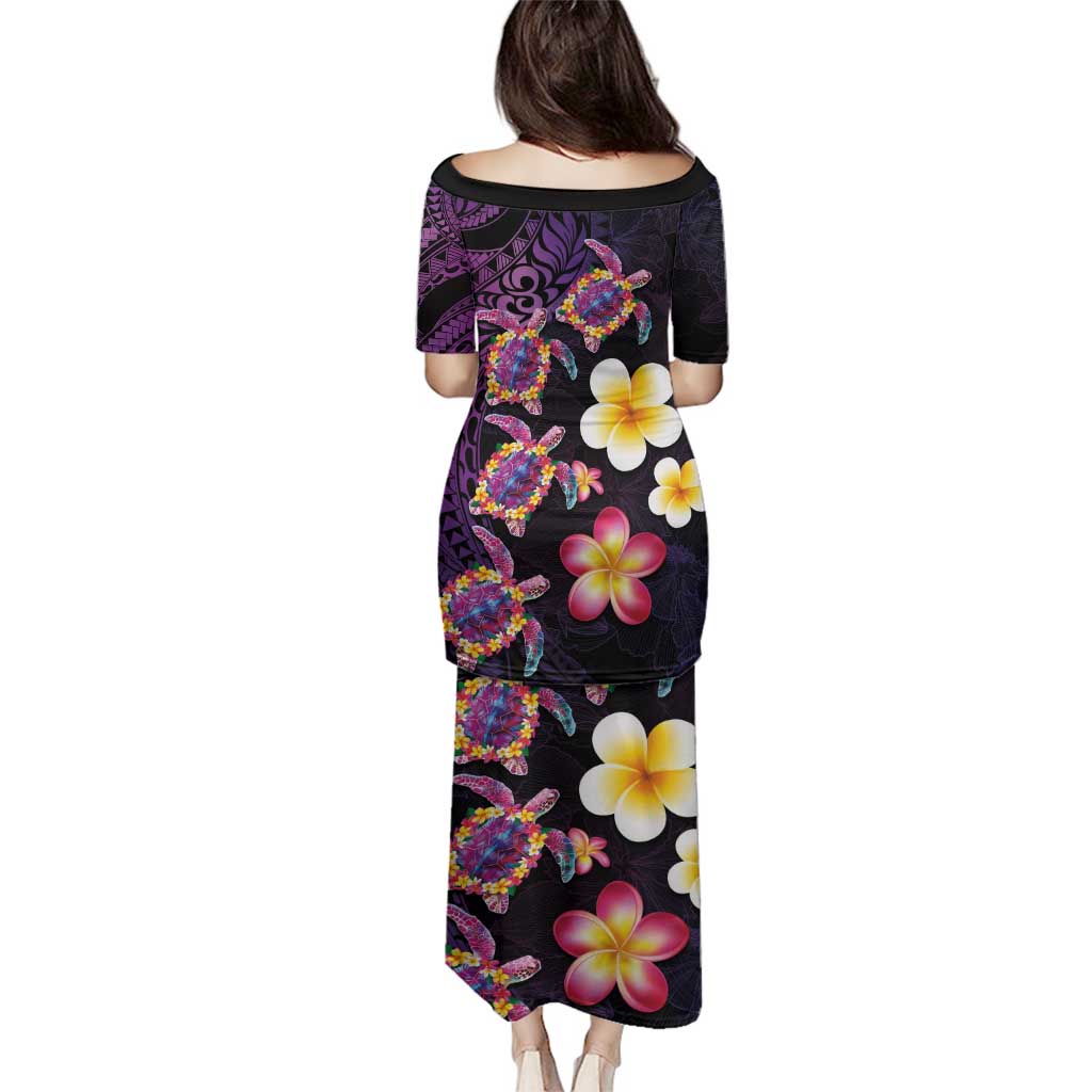 Hawaiian Turtles and Plumeria Family Matching Puletasi and Hawaiian Shirt Polynesian Art Tribal Tattoo Deep Violet Color