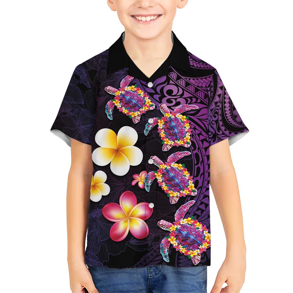Hawaiian Turtles and Plumeria Kid Hawaiian Shirt Polynesian Art Tribal Tattoo Deep Violet Color