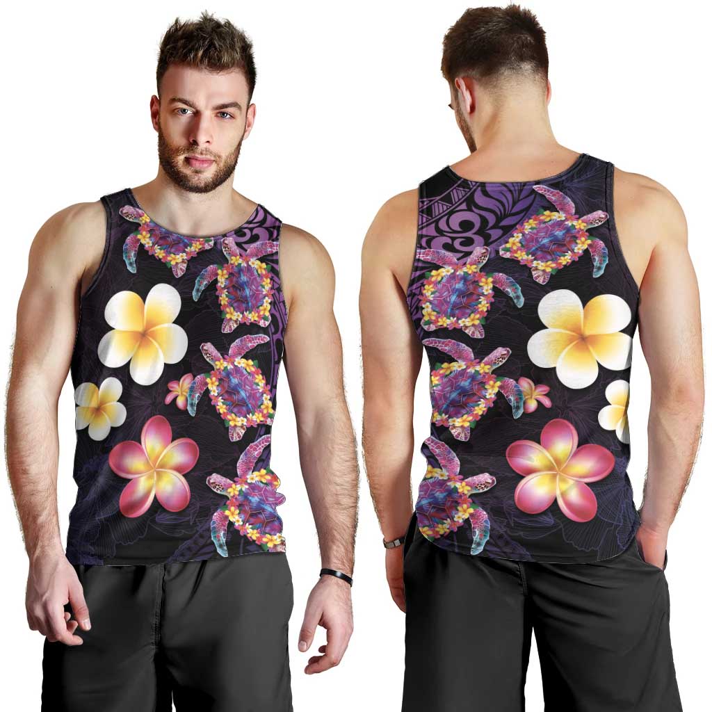 Hawaiian Turtles and Plumeria Men Tank Top Polynesian Art Tribal Tattoo Deep Violet Color LT03 - Polynesian Pride