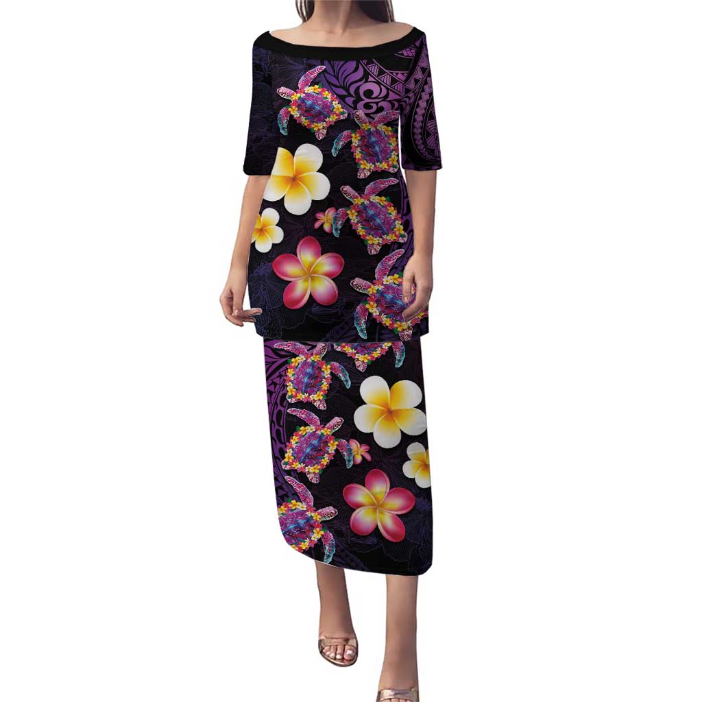 Hawaiian Turtles and Plumeria Puletasi Polynesian Art Tribal Tattoo Deep Violet Color LT03 Long Dress Purple - Polynesian Pride
