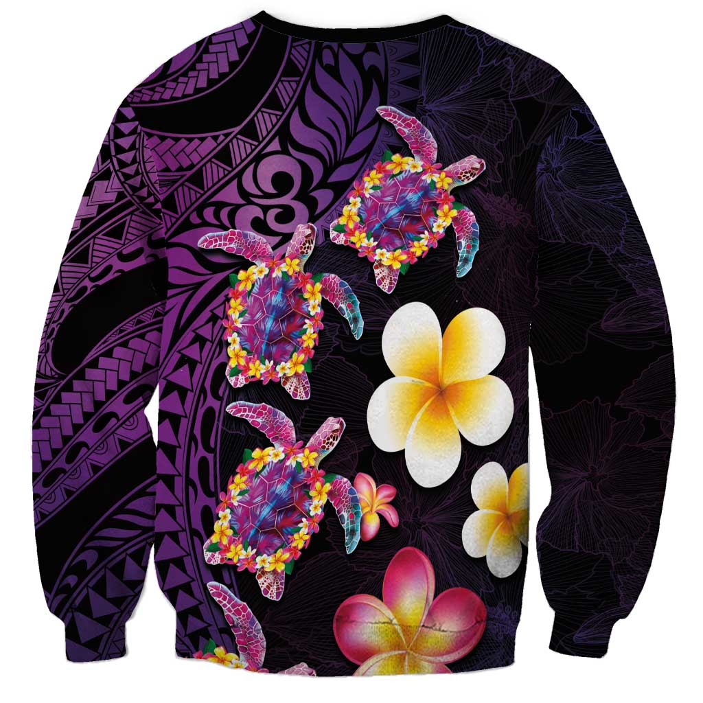 Hawaiian Turtles and Plumeria Sweatshirt Polynesian Art Tribal Tattoo Deep Violet Color LT03 - Polynesian Pride