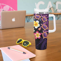 Hawaiian Turtles and Plumeria Tumbler With Handle Polynesian Art Tribal Tattoo Deep Violet Color