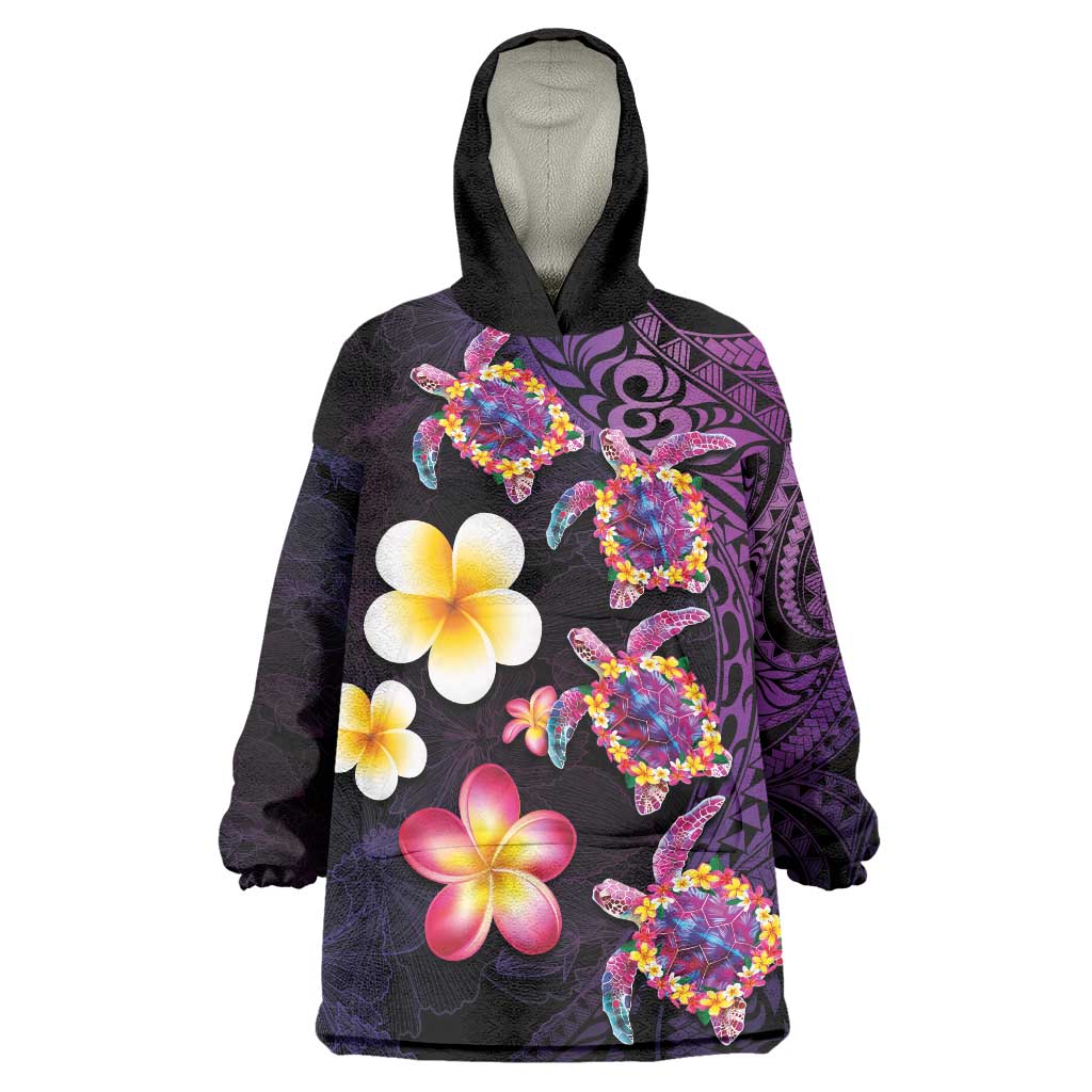 Hawaiian Turtles and Plumeria Wearable Blanket Hoodie Polynesian Art Tribal Tattoo Deep Violet Color LT03 One Size Purple - Polynesian Pride