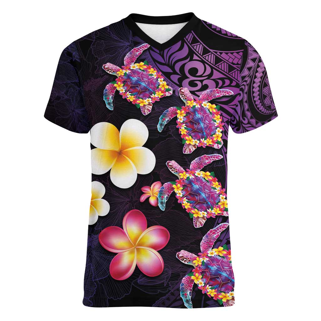 Hawaiian Turtles and Plumeria Women V-Neck T-Shirt Polynesian Art Tribal Tattoo Deep Violet Color LT03 Female Purple - Polynesian Pride