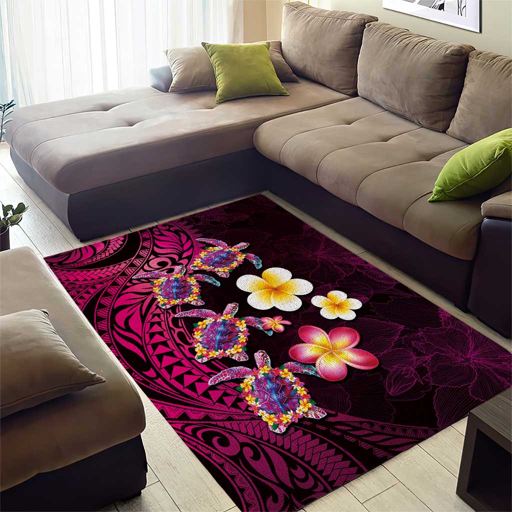 Hawaiian Turtles and Plumeria Area Rug Polynesian Art Tribal Tattoo Cerise