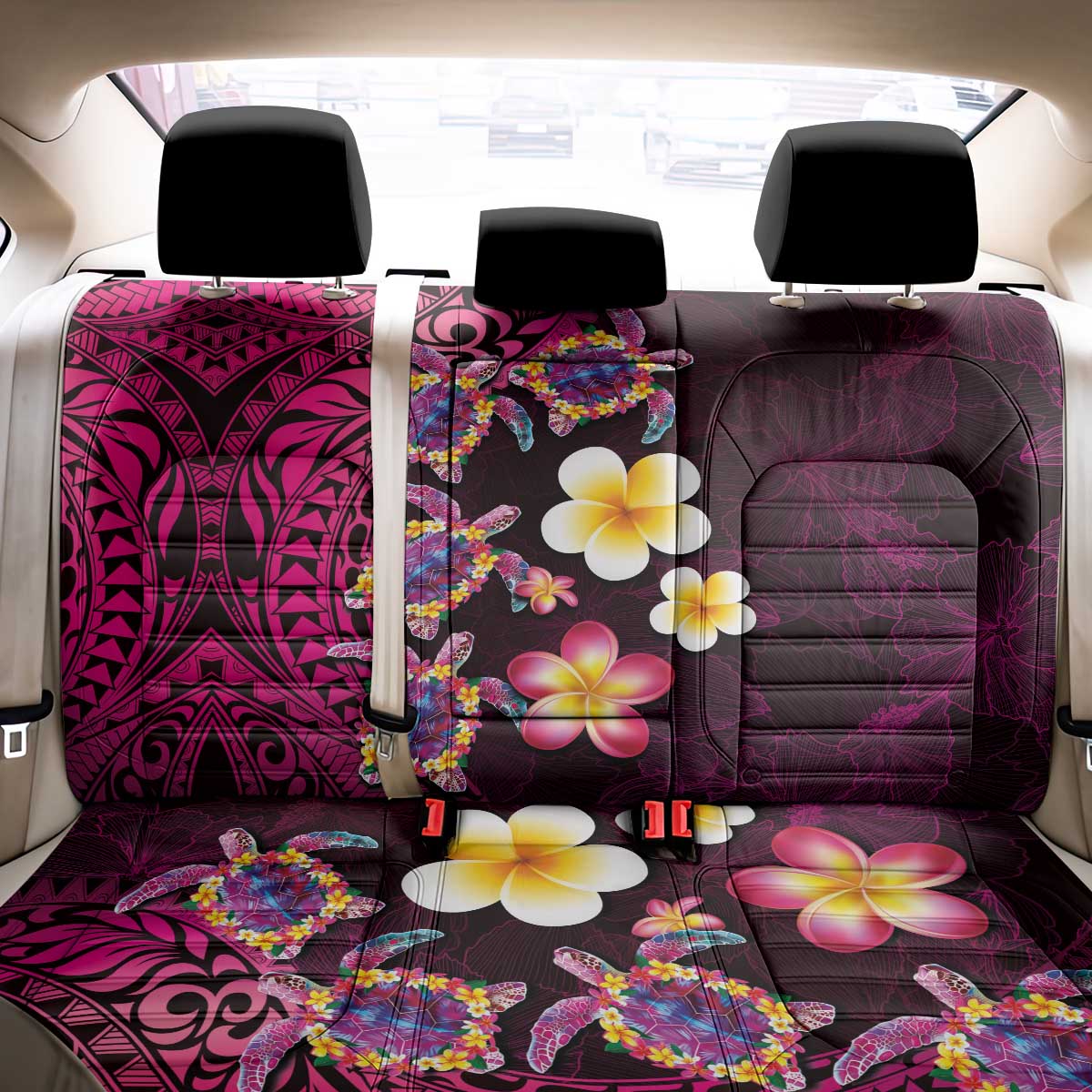 Hawaiian Turtles and Plumeria Back Car Seat Cover Polynesian Art Tribal Tattoo Cerise