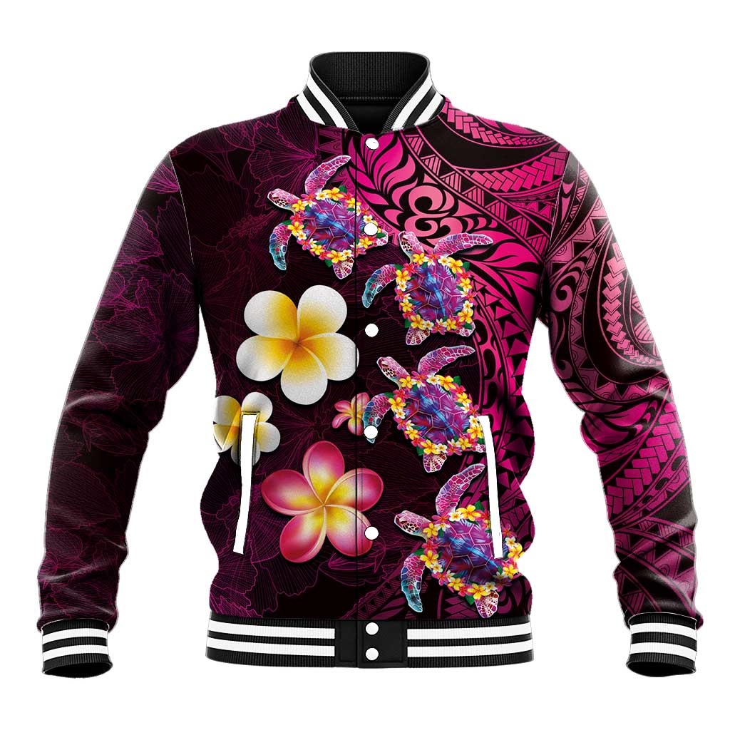 Hawaiian Turtles and Plumeria Baseball Jacket Polynesian Art Tribal Tattoo Cerise LT03 Unisex Pink - Polynesian Pride
