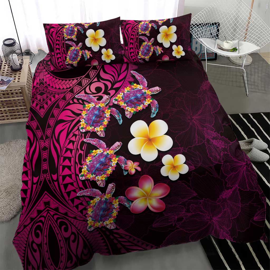 Hawaiian Turtles and Plumeria Bedding Set Polynesian Art Tribal Tattoo Cerise