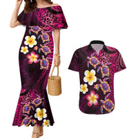 Hawaiian Turtles and Plumeria Couples Matching Mermaid Dress and Hawaiian Shirt Polynesian Art Tribal Tattoo Cerise
