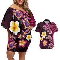 Hawaiian Turtles and Plumeria Couples Matching Off Shoulder Short Dress and Hawaiian Shirt Polynesian Art Tribal Tattoo Cerise