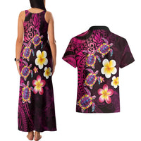 Hawaiian Turtles and Plumeria Couples Matching Tank Maxi Dress and Hawaiian Shirt Polynesian Art Tribal Tattoo Cerise