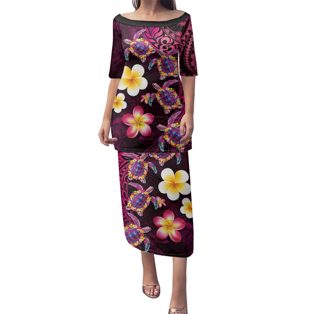 Hawaiian Turtles and Plumeria Family Matching Puletasi and Hawaiian Shirt Polynesian Art Tribal Tattoo Cerise