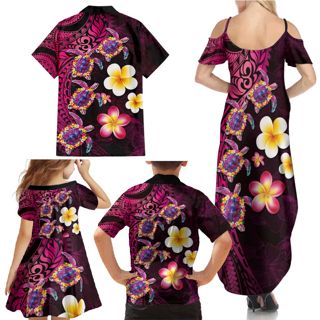 Hawaiian Turtles and Plumeria Family Matching Summer Maxi Dress and Hawaiian Shirt Polynesian Art Tribal Tattoo Cerise
