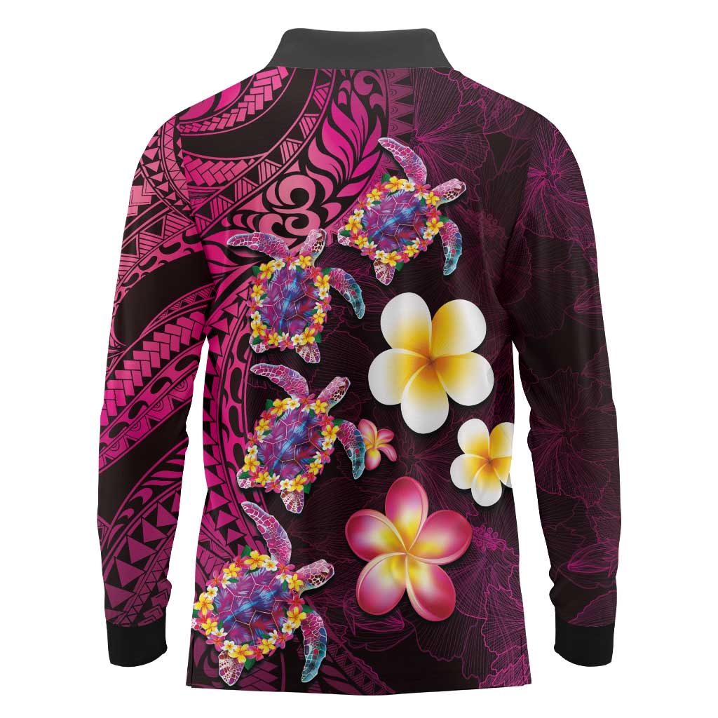Hawaiian Turtles and Plumeria Long Sleeve Polo Shirt Polynesian Art Tribal Tattoo Cerise