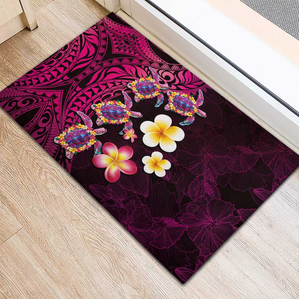 Hawaiian Turtles and Plumeria Rubber Doormat Polynesian Art Tribal Tattoo Cerise LT03 - Polynesian Pride